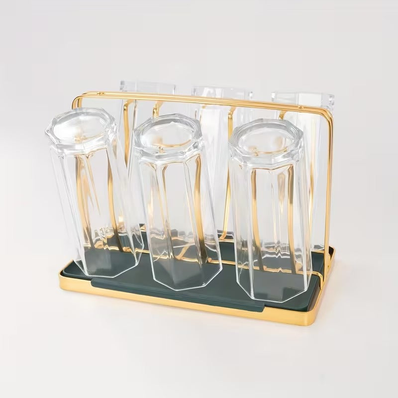 Rectangle Luxury Gold Metal Cup & Glass Holder with Drip Tray Countertop Organizer