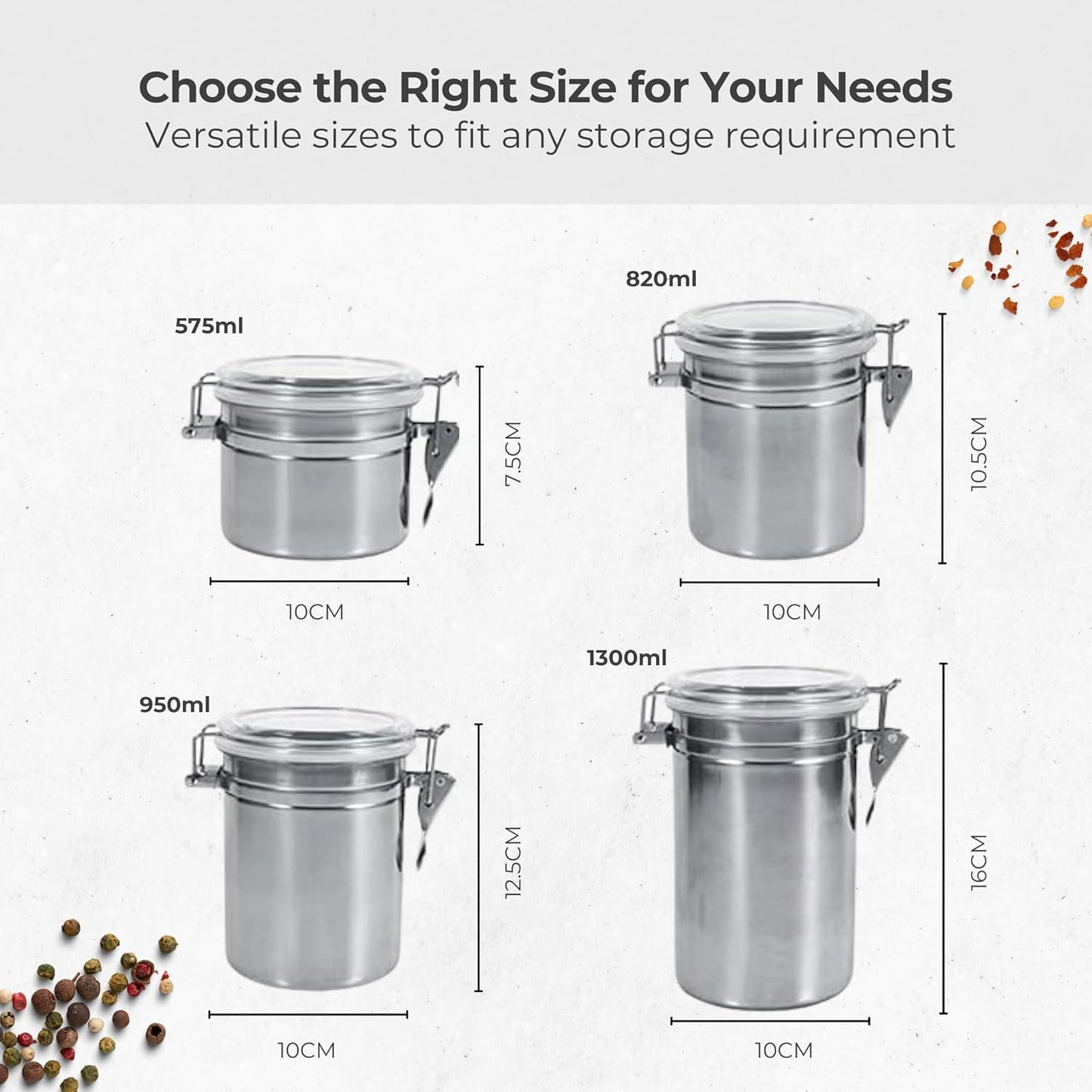 Stainless Steel Airtight Canister Set of 4 with Clear Acrylic Lids & Locking Clamps
