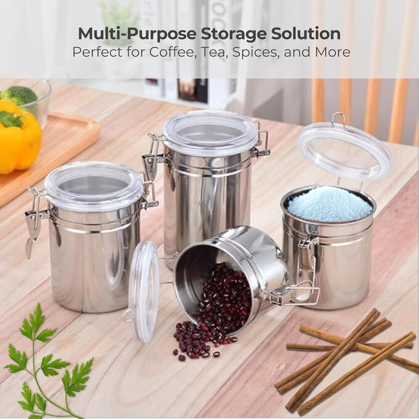 Stainless Steel Airtight Canister Set of 4 with Clear Acrylic Lids & Locking Clamps