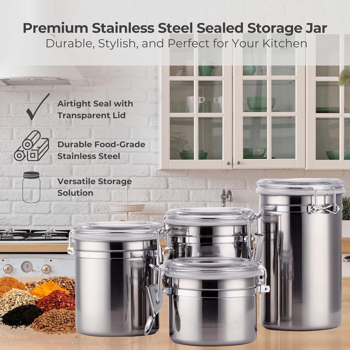 Stainless Steel Airtight Canister Set of 4 with Clear Acrylic Lids & Locking Clamps