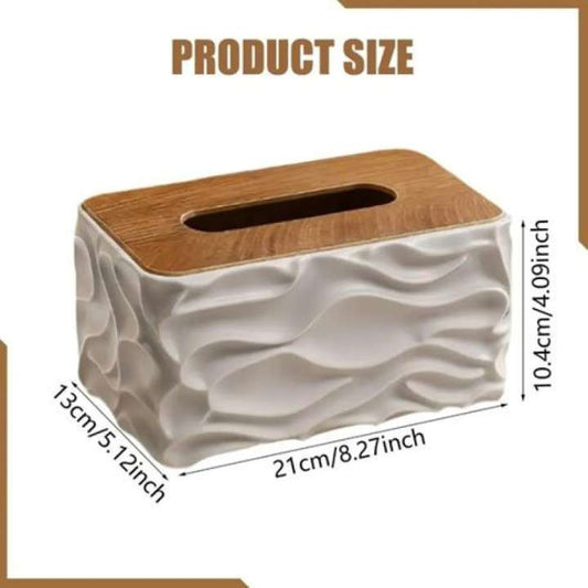 Stylish Wavy Tissue Box Cover with Wooden Lid – Modern Textured Napkin Holder for Home, Office & Living Room Décor