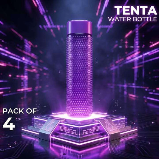 Tenta water bottle with a futuristic design on a dark background