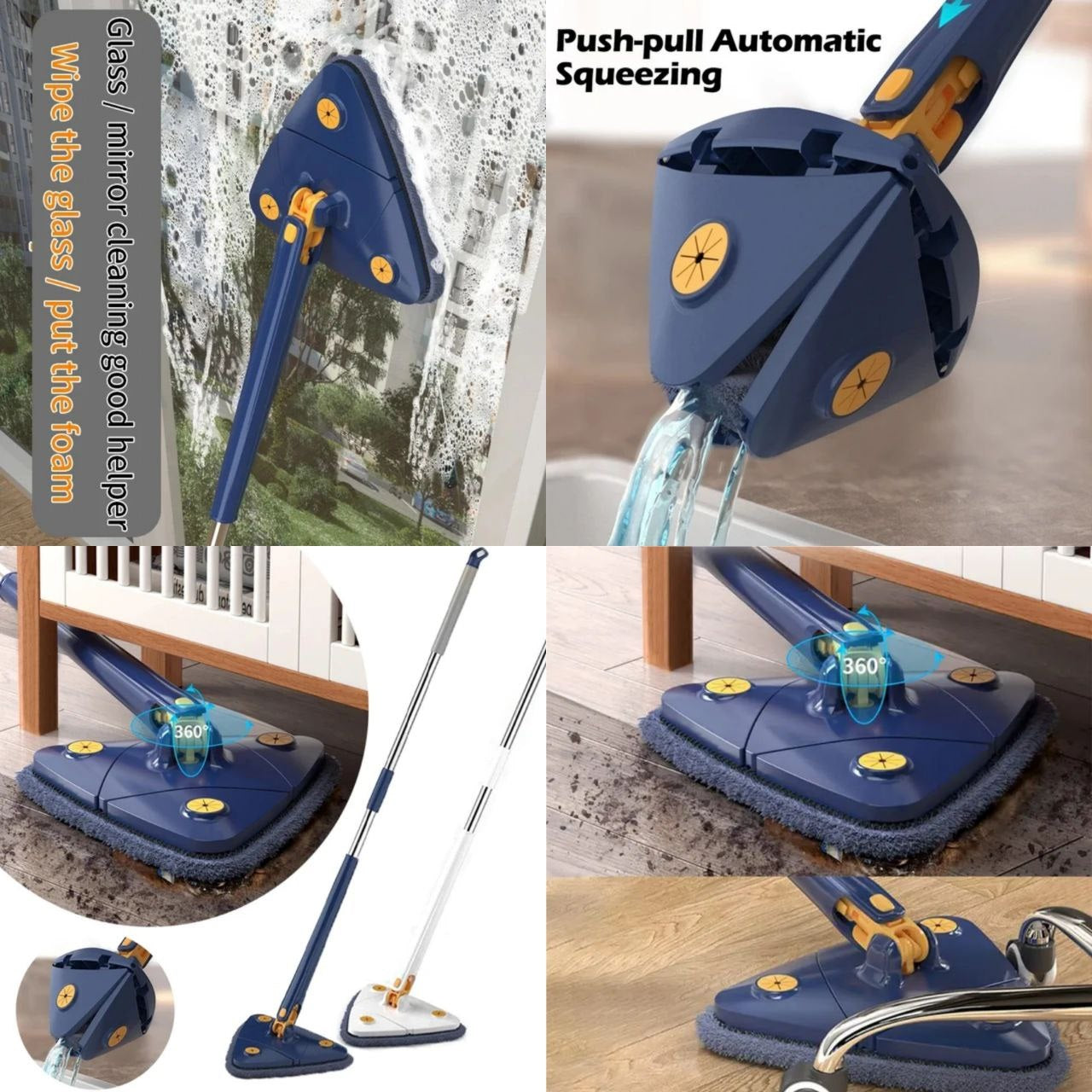 Telescopic Triangular Mop with Automatic Water Squeezing Function - 360 Degree Rotatable