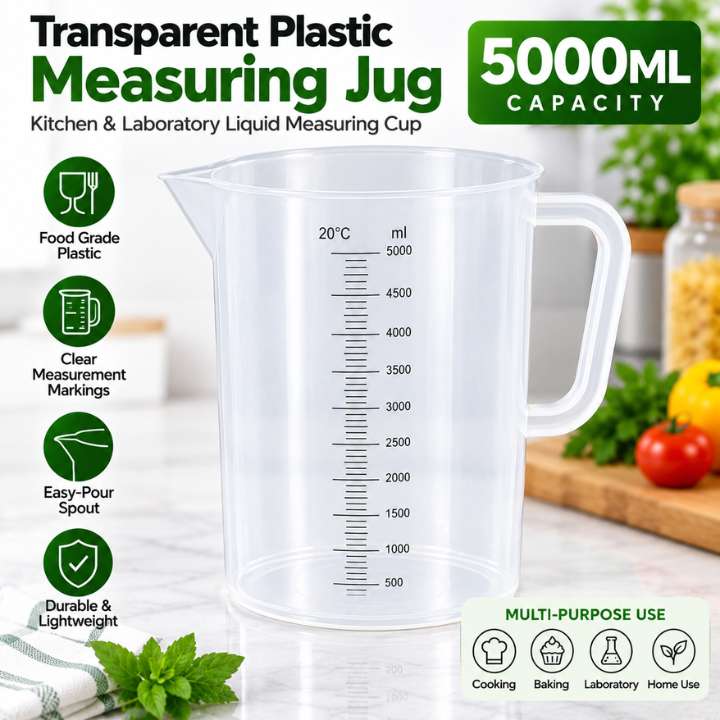 Transparent Plastic Measuring Jugs Set – Kitchen & Laboratory Liquid Measuring Cups (250ml, 1000ml, 2000ml & 5000ml Capacity)
