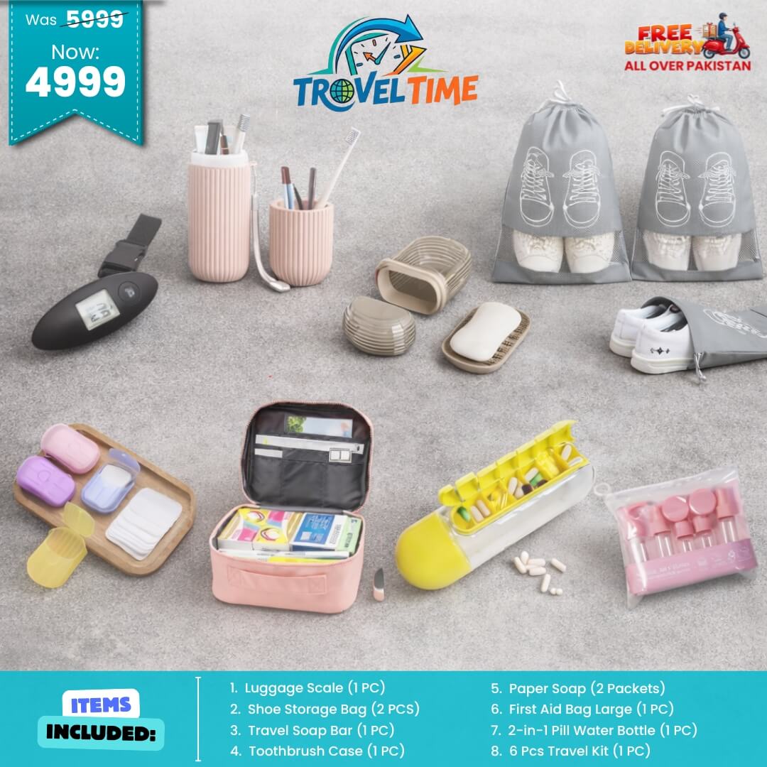 Collection of travel-related products with 'Travel Time' branding on a gray surface.