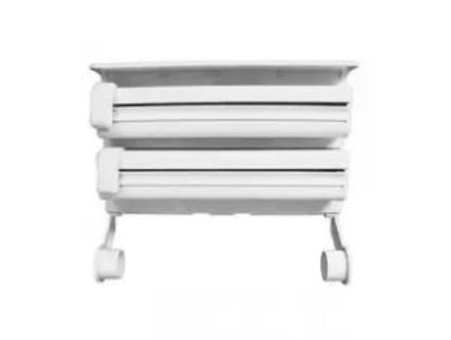 Wooden desktop organizer box with a flat top, showing a tissue box compartment on one side and three partitioned slots filled with remotes and pens on the other side.