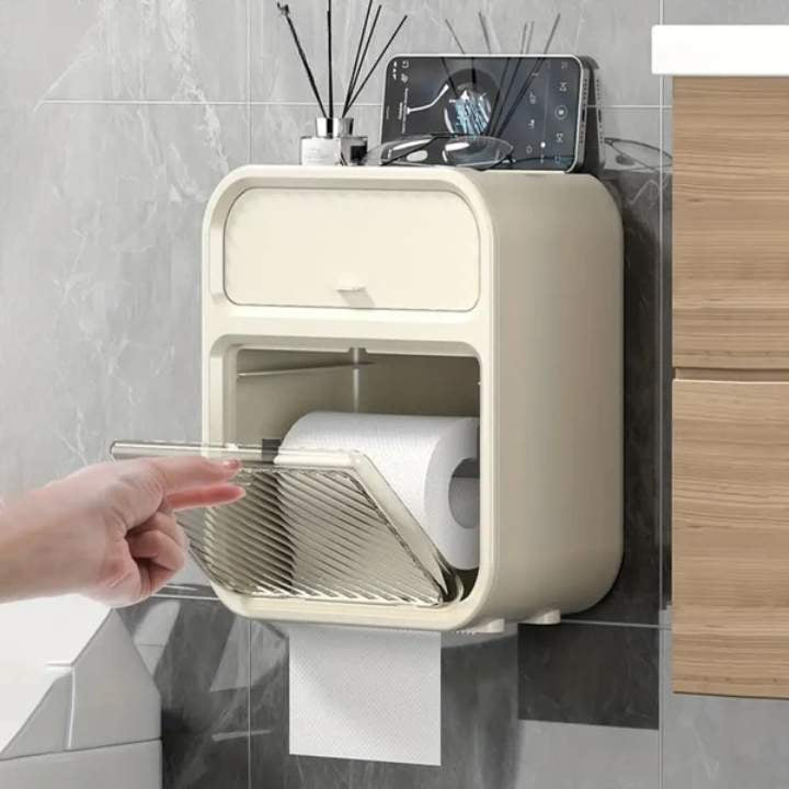Wall-Mounted Toilet Paper Holder ? Self-Adhesive Bathroom Tissue Storage with Shelf