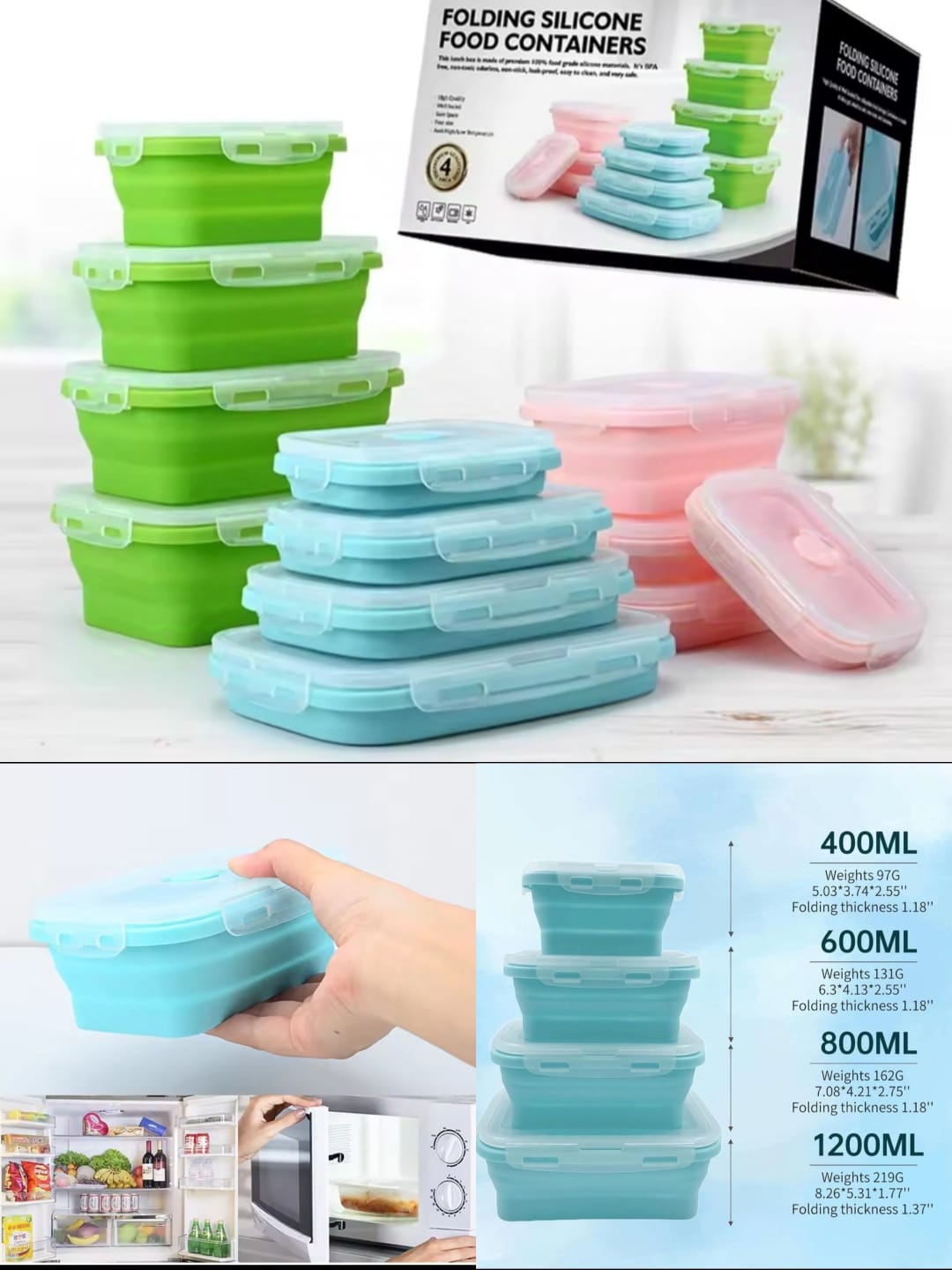 4 Pcs Folding Silicone Food Container Set β Collapsible Lunch Boxes, BPA-Free Reusable Storage Containers with Lids
