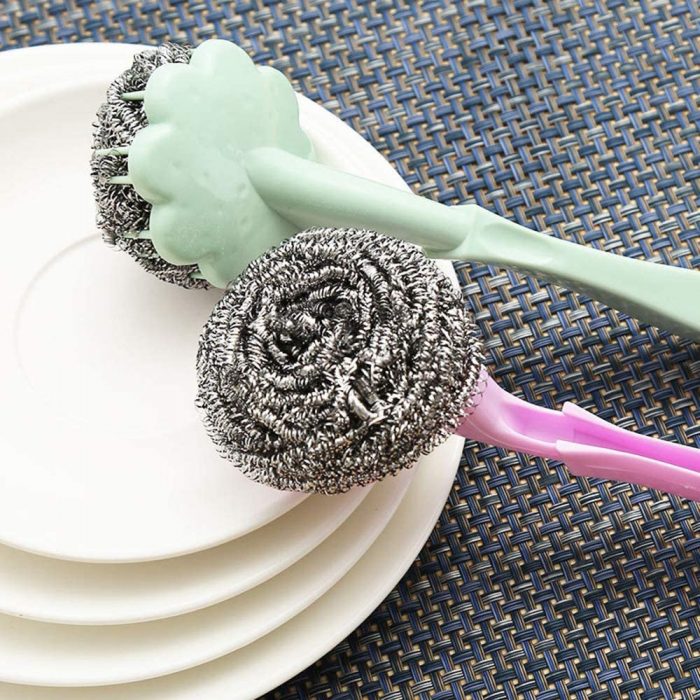 Wire Ball Brush With Long Handle Kitchen Hanging Cleaning Brush Pan Kitchen Dish Handle Washing Tool