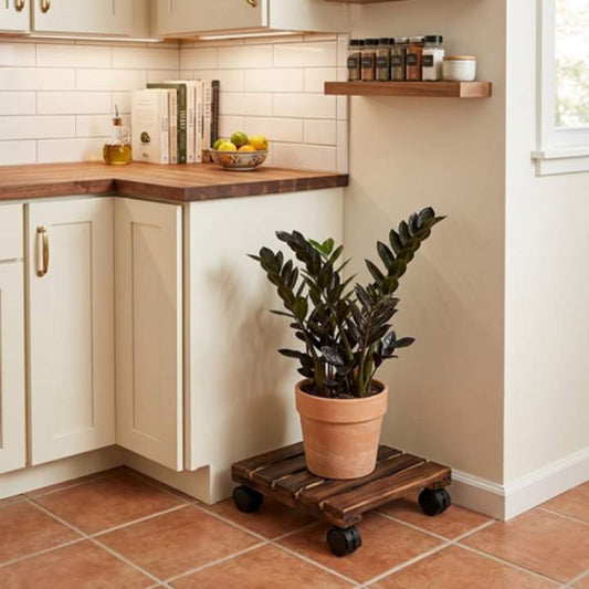 Wooden Plant Roller Stand with Lockable Wheels | Square & Round Plant Caddy | Heavy Duty Planter Trolley for Indoor & Outdoor Use
