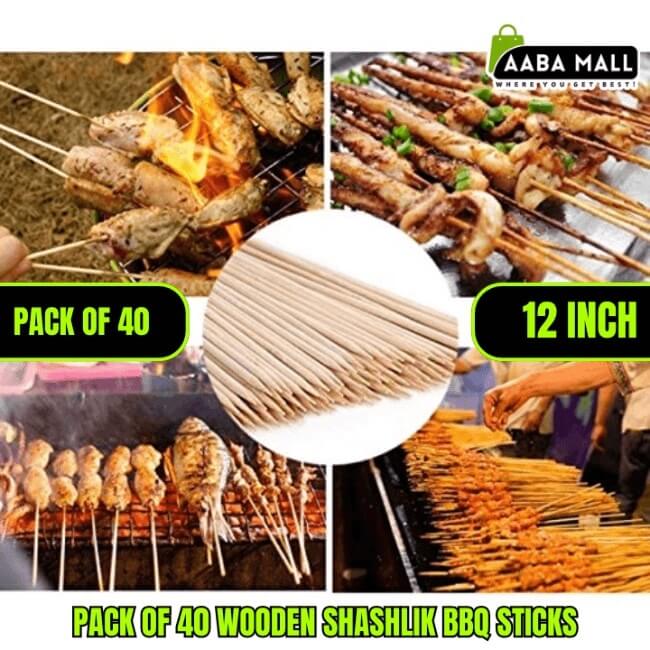 Pack of 40 wooden shashlik BBQ sticks, 12-inch bamboo skewers for commercial and home barbecues. Perfect for chicken tikka boti, seekh kabab, fish, and grilling. Aaba Mall branded product image showcasing skewers on an open flame grill.