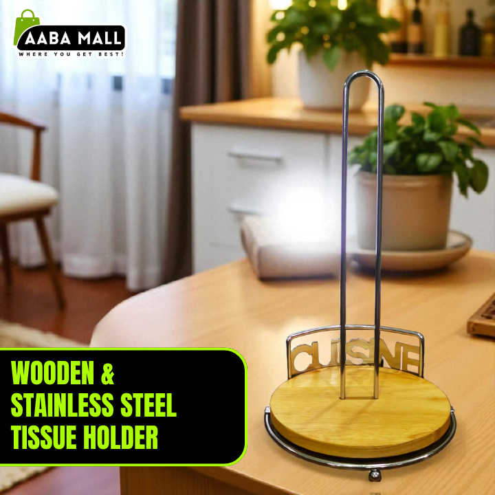 Wooden & Stainless Steel Tissue Holder β Adjustable Vertical Stand for Kitchen Roll, Cling Film, Paper Towels β Space-Saving Countertop Organizer with Sleek Metallic Finish