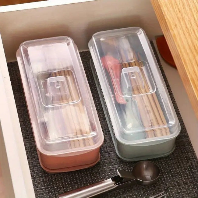 Stackable plastic utensil organizer box with clear lid, moisture-proof cutlery storage for spoons forks chopsticks in a kitchen drawer
