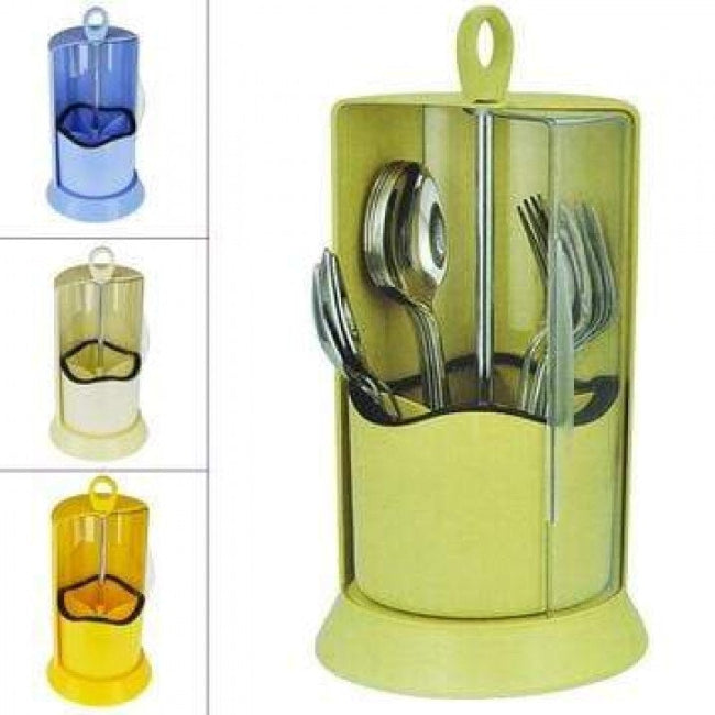 Rotating cutlery organizer stand with dust-safe lid, multi-compartment holder for forks, spoons, chopsticks, and stationary