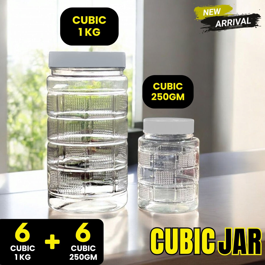 CUBIC Design Airtight Kitchen Storage Jar Set β 6 Jars (1KG) + 6 Jars (250GM) | BPA-Free Transparent Containers for Groceries, Pulses, Spices & Snacks