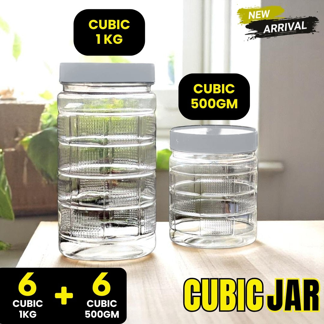 CUBIC Design Airtight Kitchen Storage Jar Set β 6 Jars (1KG) + 6 Jars (500GM) | BPA-Free Transparent Containers for Groceries, Pulses, Spices & Snacks