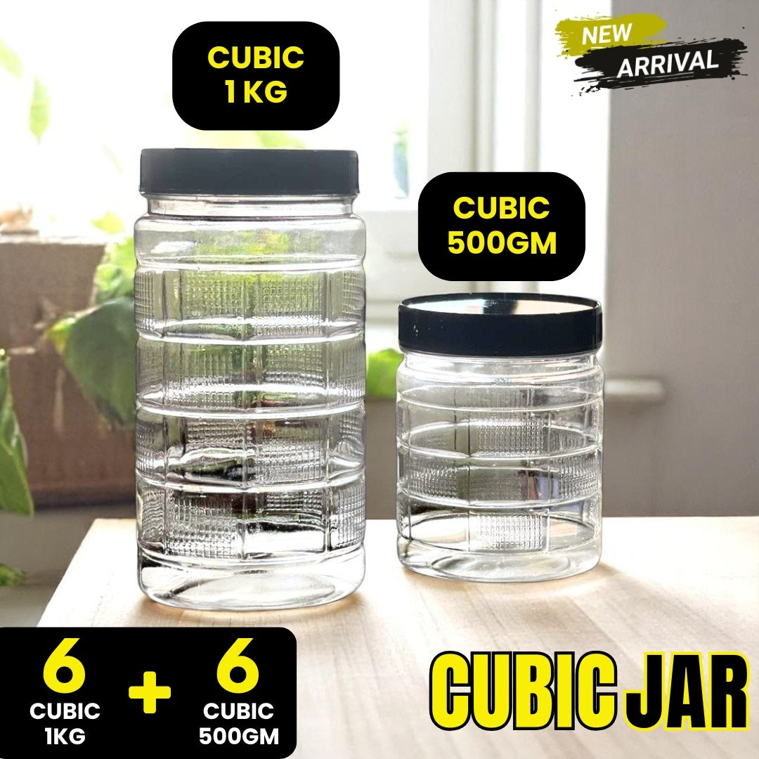CUBIC Design Airtight Kitchen Storage Jar Set β 6 Jars (1KG) + 6 Jars (500GM) | BPA-Free Transparent Containers for Groceries, Pulses, Spices & Snacks