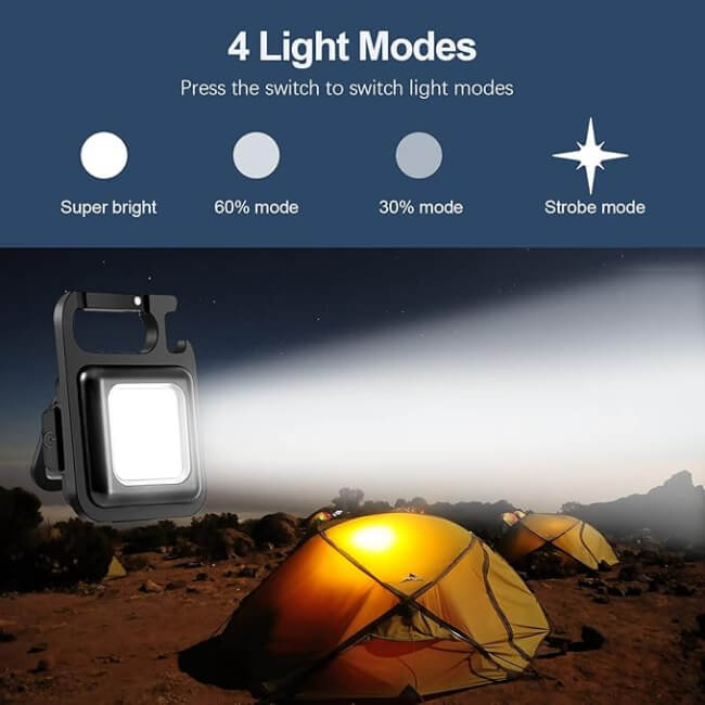 LED light with 4 light modes shown over a camping scene