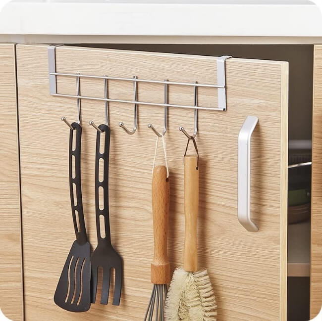5 Hooks Over The Door Drawer Cabinet Hook Holder Hanger Metal Heavy Duty Free Punching Door Back Hanging Clothes Hook Organizer for Towel Cloth Bags Sundries