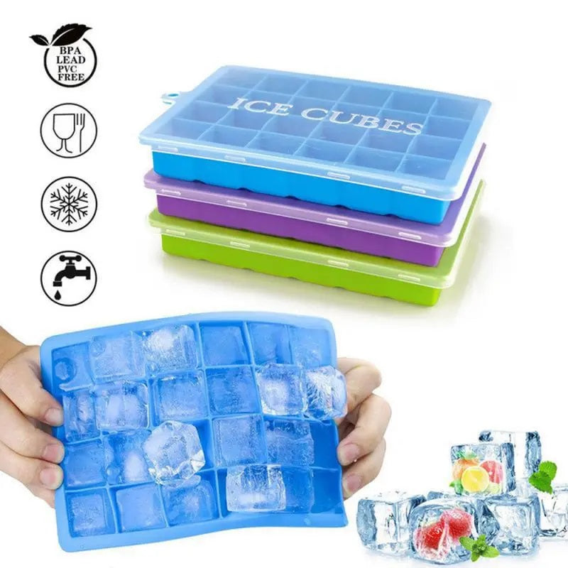 Easy Push Pop out Square Silicon Ice Cubes Tray 15 Cubes With Lid Food Grade BPA-Free Flexible Ice Mold - AABA MALL