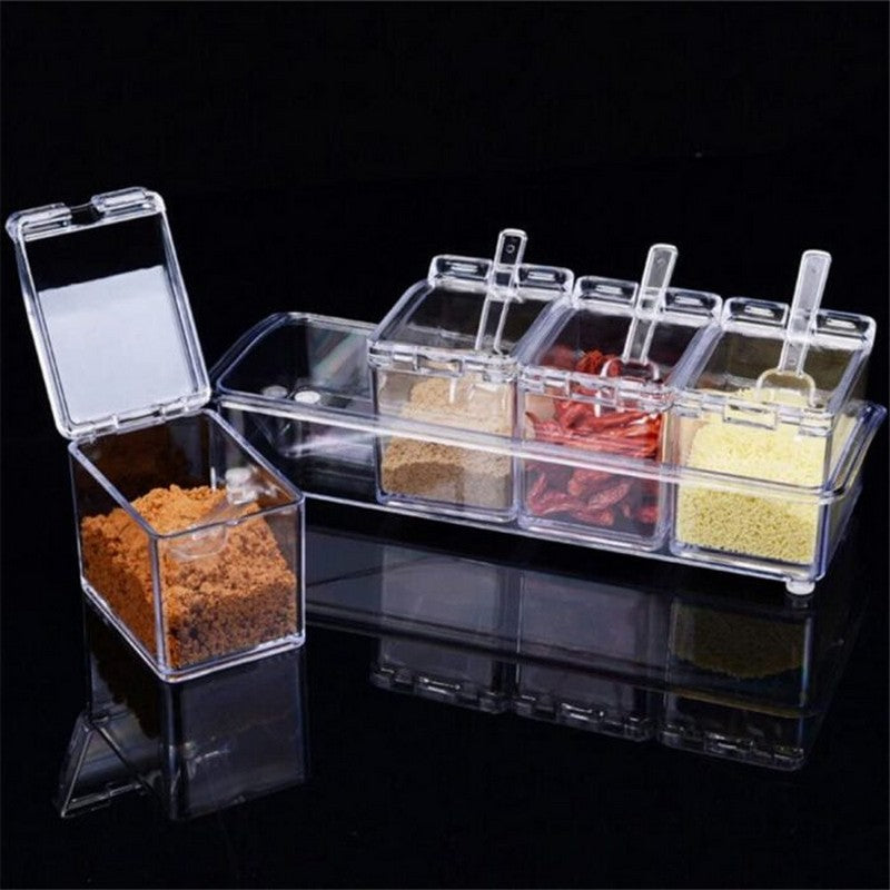 4pcs Acrylic Seasoning Spice Rack Pots with 4 Serving Spoons – Transparent Condiment Jars & Storage Box for Kitchen