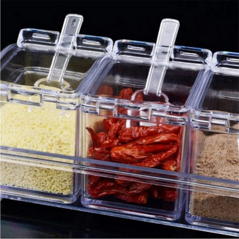 4pcs Acrylic Seasoning Spice Rack Pots with 4 Serving Spoons – Transparent Condiment Jars & Storage Box for Kitchen