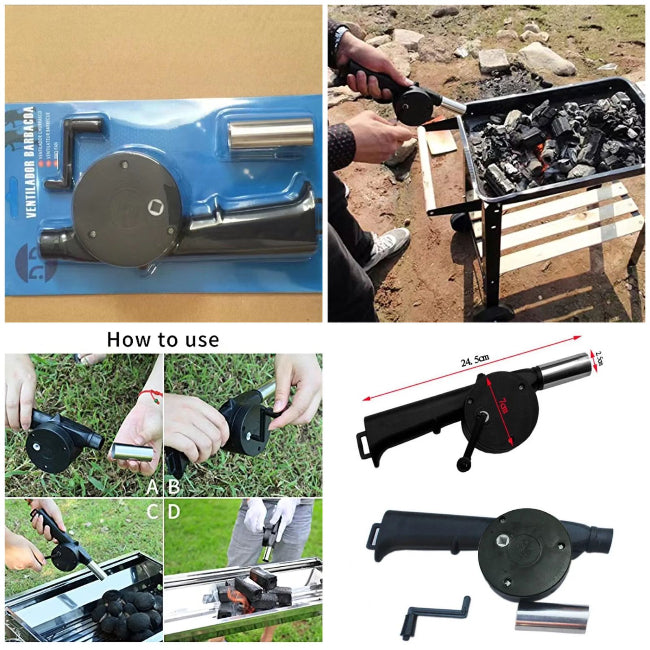 A close-up of a compact, red and black manual hand-crank blower fan with a long metal nozzle, designed for starting charcoal BBQ fires.