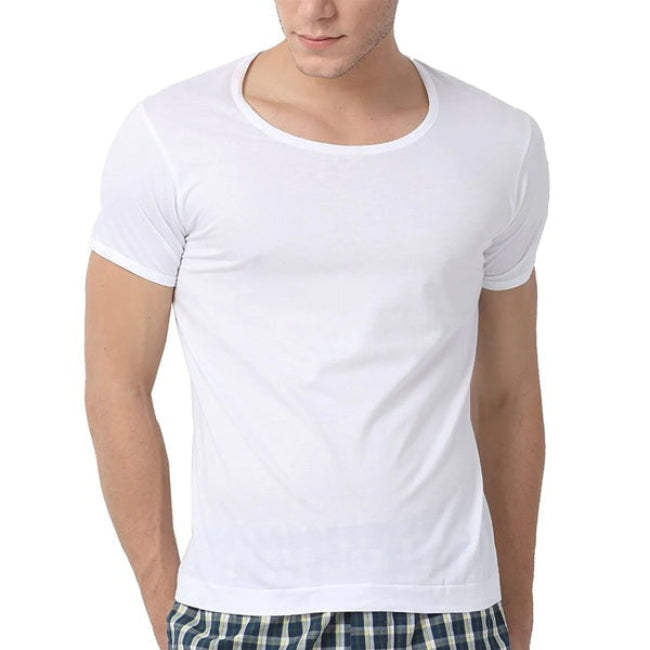 Close-up of a pure white cotton men's sleeve undershirt (Banyan/Sando) showing the breathable fabric texture and classic round neck design.