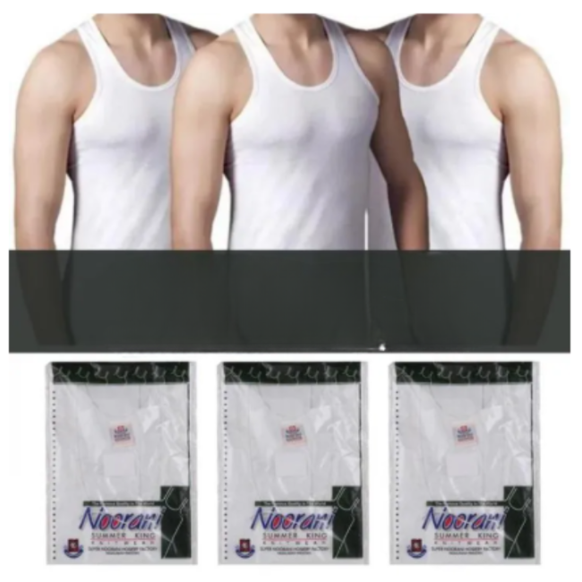 Close-up of a pure white cotton men's sleeveless undershirt (Banyan/Sando) showing the breathable fabric texture and classic round neck design.