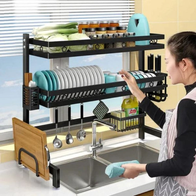 2-tier over-the-sink dish drying rack, large capacity metal organizer for plates, bowls, knives, and utensil drainage