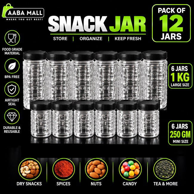 Pack of 12 transparent snack jars with black lids, including 6 jars of 1KG and 6 jars of 250GM for kitchen storage, spices, dry snacks and nuts