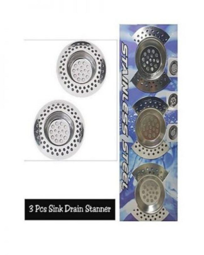Pack of 3 stainless steel drain strainers for kitchen sink and bathroom shower, showing the micro-perforated mesh pattern and flat anti-clog design.