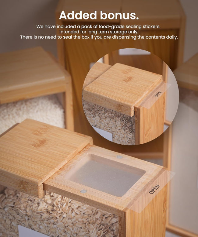 Close-up of a bamboo wooden rice and grain storage box with a fitted lid, shown filled with white rice, sitting on a kitchen pantry shelf.