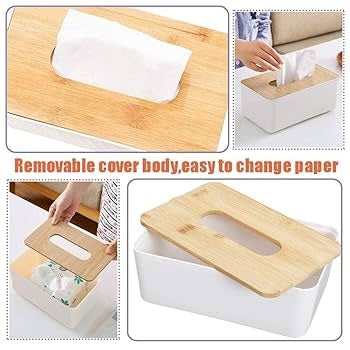 Wooden Cover Plastic Tissue Box Household Paper Towel Storage Box Home Office Removable Tissue Case