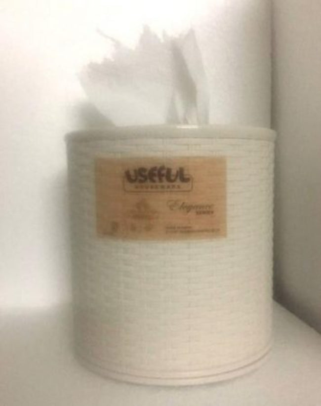 Round white plastic waterproof toilet paper roll holder mounted on a bathroom wall, shown dispensing tissue while protecting the roll from water.