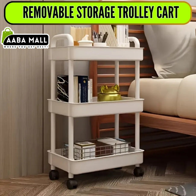 White 3-tier plastic rolling utility cart with handle, featuring 360-degree rotating wheels, holding vegetables and kitchen essentials.