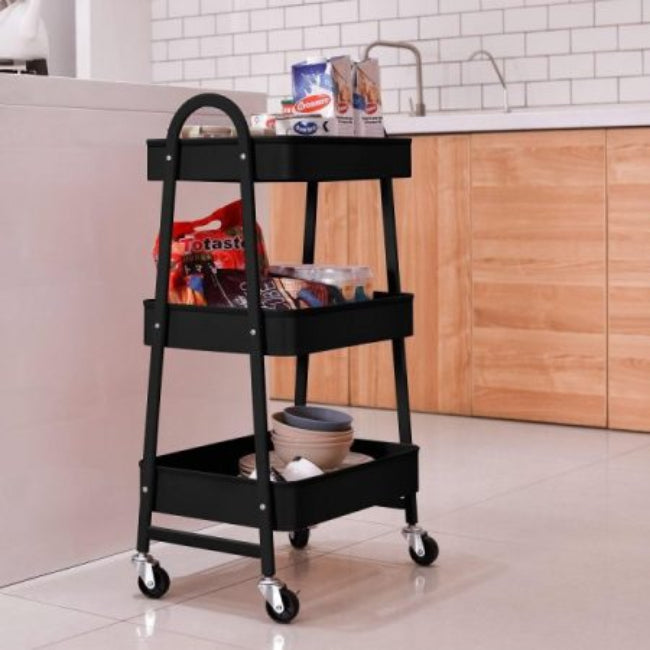An assembled, heavy-duty 3-tier rolling utility cart organizer with metal mesh basket shelves and lockable wheels, shown storing items in a kitchen setting.