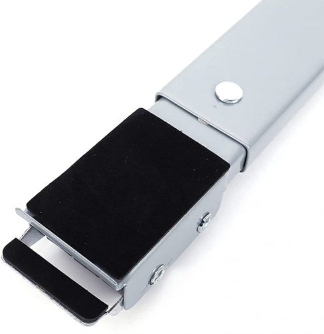 Adjustable heavy-duty appliance trolley base with rollers, shown supporting a large white washing machine, illustrating the ease of movement and elevated design.