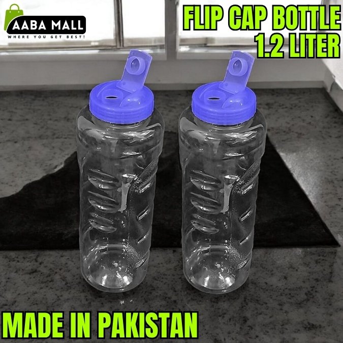 Two clear water bottles with purple flip caps on a dark surface, with text indicating brand and product details.