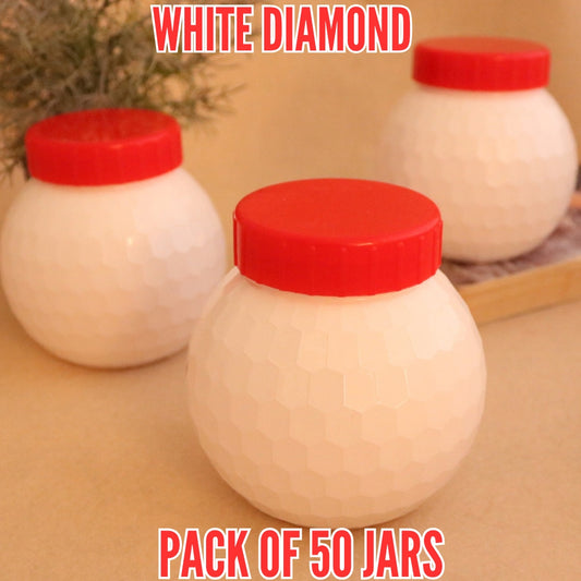 White Edition – 50 Pcs Diamond Design Storage Jars | 62mm Mouth Small PET Plastic Jars with Red & White Cap | Airtight, BPA-Free Containers for Spices, Dry Fruits, Masalas & More