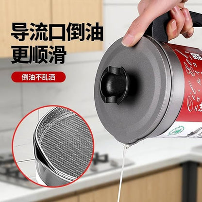 Cooking oil storage can with mesh strainer for kitchen use
