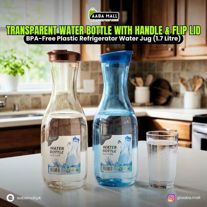 Two transparent water bottles with handles and flip lids on a kitchen counter, with AABA MALL branding.