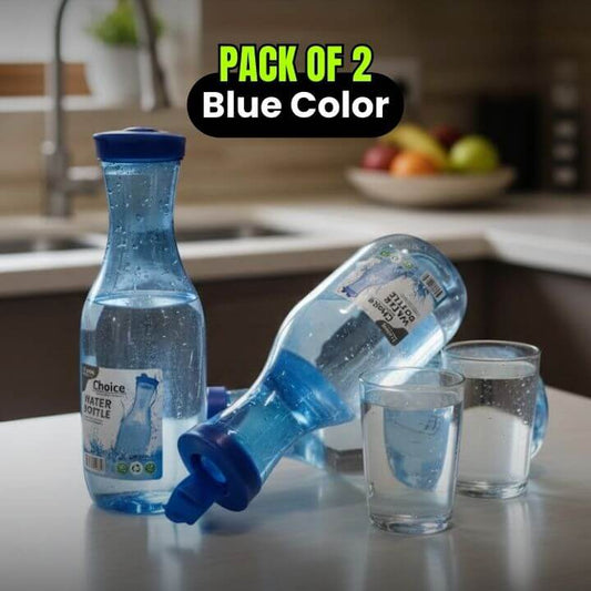 Pack of 2 blue water bottles with a glass of water on a kitchen counter.