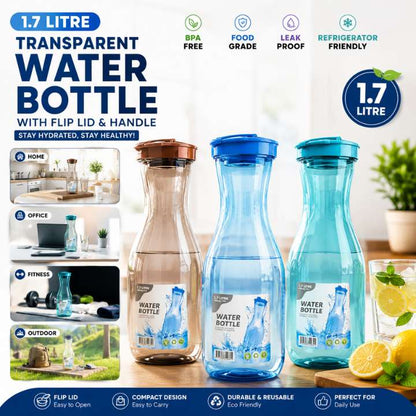 1.7 Litre Transparent Water Bottle with Flip Lid – BPA-Free Plastic Refrigerator Jug for Home & Kitchen