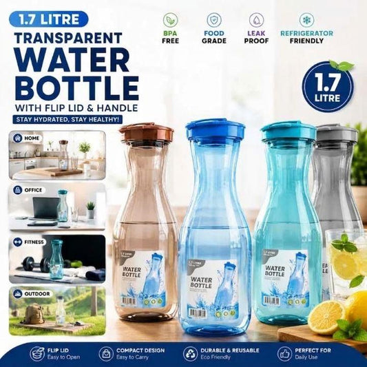 Four reusable water bottles in different translucent colors (clear, light brown, light blue, and dark gray) lined up on a kitchen counter with lemons, set against a bright kitchen background. The image includes promotional text and feature icons for 'Transparent Water Bottle' and '1.