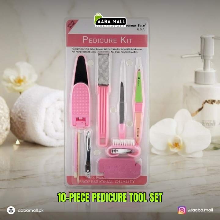 10-piece pedicure tool set packaging with AABA MALL branding on a neutral background.