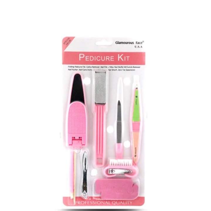 Glamorous Face pedicure kit with various tools on a white background