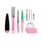 Set of nail care tools with pink handles on a white background