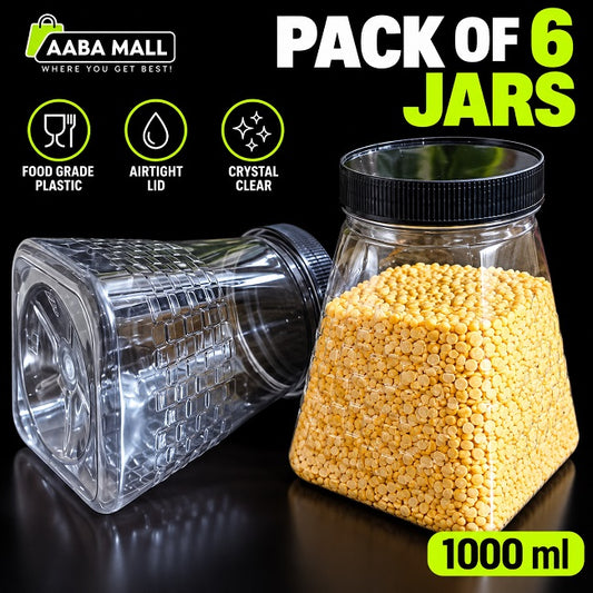 1000ml transparent snack storage jar with black lid for storing dal, pulses, dry snacks, nuts and kitchen ingredients – pack of 6