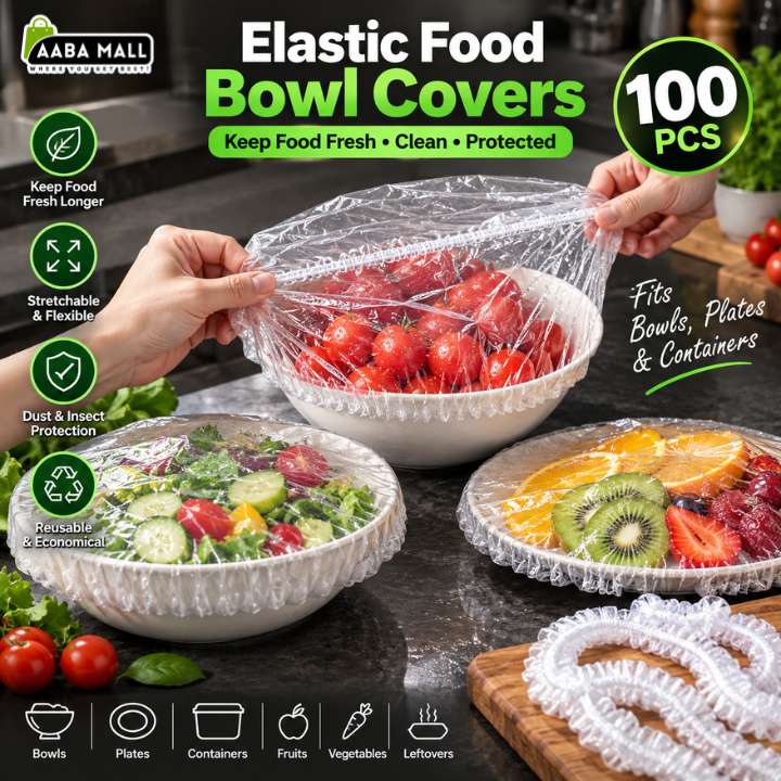 A set of clear stretchable elastic food bowl covers shown being used over bowls of salad, tomatoes, and fruit. The image includes promotional text, icons, and a ring of extra clear covers on a countertop in a kitchen setting, with hands visible covering one bowl.